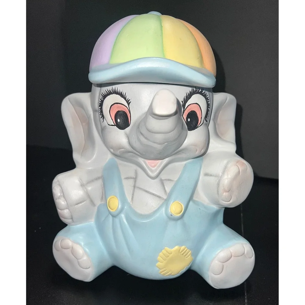 Vintage Ceramic American Bisque Elephant Cookie Jar Pastel Hand Painted Nursery